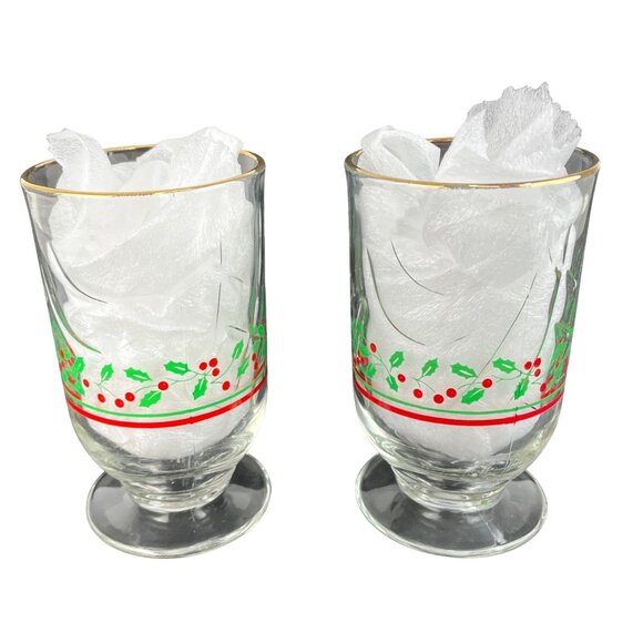 Vintage Libbey Glassware Set of 2 Glass Christmas Mugs With Holly Decor-Gold Rim - Picture 11 of 11